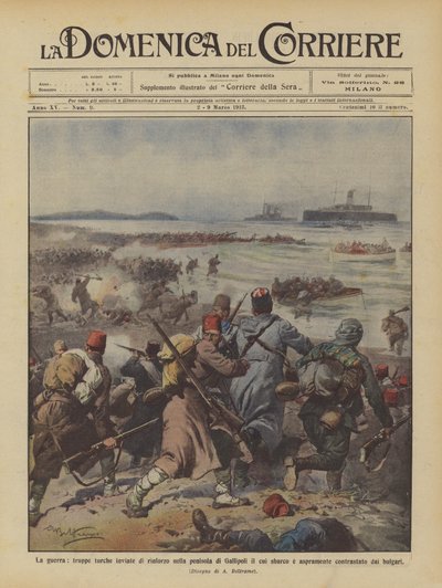 A guerra, as tropas turcas enviaram reforço na península de Gallipoli, cujo desembarque de Achille Beltrame