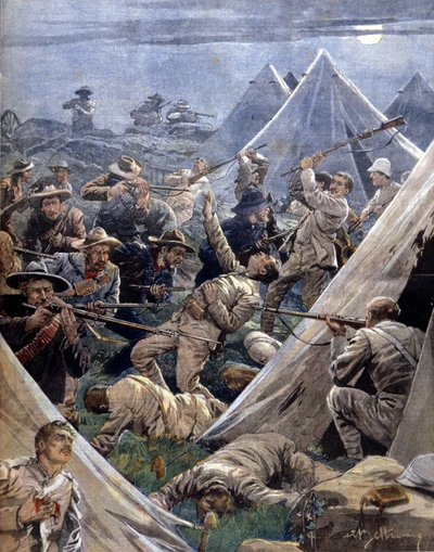 A Guerra da Boer ou Guerra Transvaal na África do Sul entre os ingleses e os bôeres: estes últimos atacaram um acampamento inglês em Tweenfontein. Ilustração de Beltrame. La Domenica del corriere. 1902. de Achille Beltrame