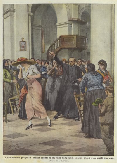 A moda feminina perseguida, menina rejeitada por uma igreja porque vestida com vestidos decotados de Achille Beltrame