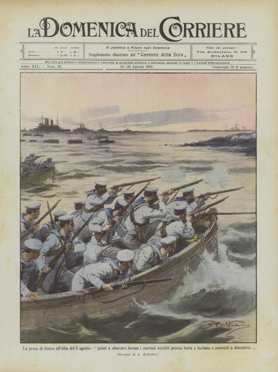 A captura de Zuara na madrugada de 5 de agosto, a primeira a pousar foram os marinheiros agredidos no chão de Achille Beltrame