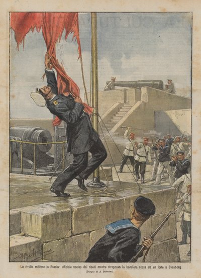 O levante militar na Rússia, um oficial morto pelos rebeldes enquanto ele puxava a bandeira vermelha de Achille Beltrame