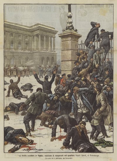 A insurreição popular na Rússia, matando grevistas no distrito Vassili Ostrof de Petersburg de Achille Beltrame