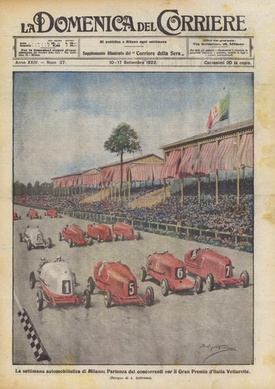 A semana do carro em Milão, partida dos concorrentes para o Grande Prémio da Itália Vetturette de Achille Beltrame