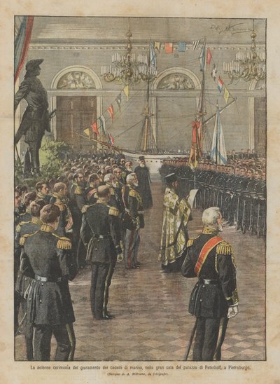 A cerimônia solene do juramento dos cadetes da marinha no grande salão do palácio de Peterhoff em Petersburg de Achille Beltrame