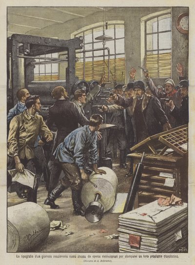 A tipografia de um jornal reacionário russo invadido por trabalhadores revolucionários para imprimir um deles de Achille Beltrame