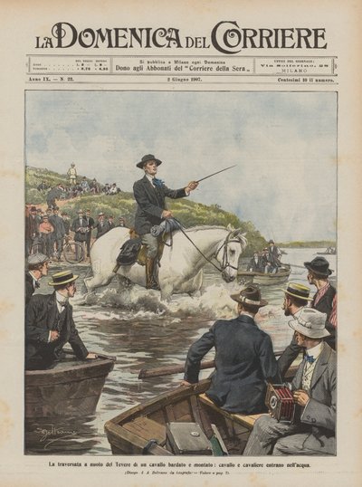 A travessia da nadada do Tibre de um cavalo aproveitado e montado, cavalo e cavaleiro entram na água de Achille Beltrame