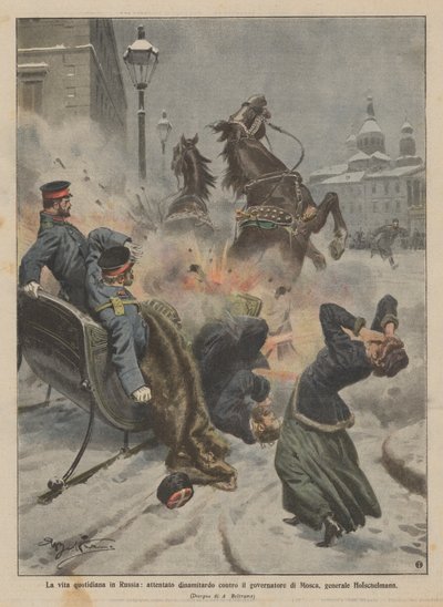 A vida cotidiana na Rússia, um ataque a bomba contra o governador de Moscou, General Holschelmann de Achille Beltrame