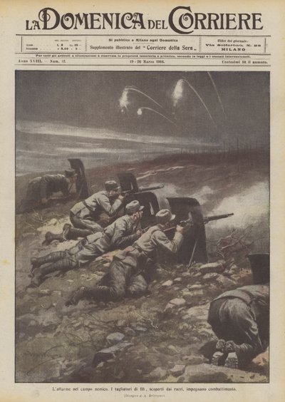 O alarme no campo inimigo, os cortadores de arame, descobertos pelos foguetes, envolvem combate de Achille Beltrame