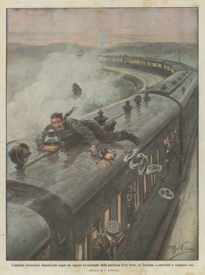 Railway Lampista esquecido em um trem ao sair do trem na Toscana de Achille Beltrame