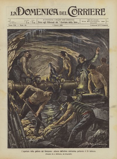 A abertura do túnel Simplon, ataque do último diafragma perfurado em 24 de fevereiro de Achille Beltrame
