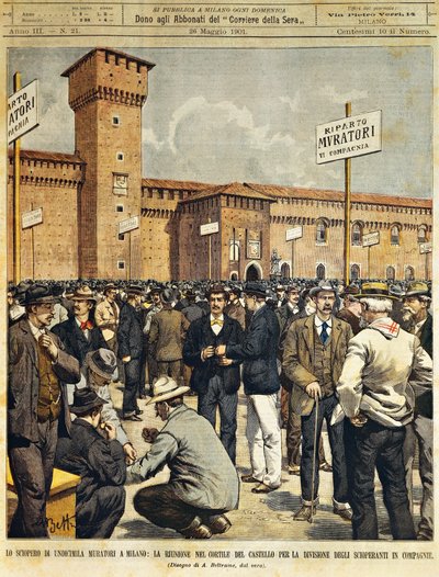 Greve dos construtores em grande escala em Milão: Encontro público no grande pátio do Castelo Sforzesco, de Achille Beltrame (1871-1945), de La Domenica del Corriere, 26 de maio de 1901. de Achille Beltrame