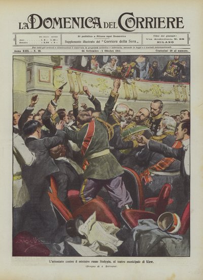 Lattent contra o ministro russo Stolypin, no teatro municipal de Kiew de Achille Beltrame