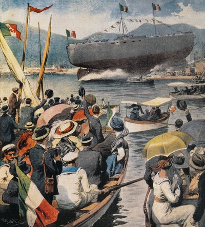 Lançamento do navio de guerra Andrea Doria do Arsenale em La Spezia, painel de Achille Beltrame (1871-1945), La Domenica del Corriere, 6 de abril de Achille Beltrame
