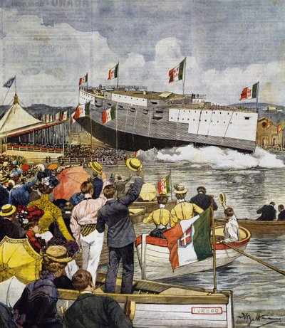 Lançamento do navio de guerra Regina Margherita em La Spezia, painel de Achille Beltrame (1871-1945), La Domenica del Corriere, 9 de junho de Achille Beltrame