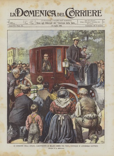 As Conquistas da Civilização, o Arcebispo de Milão realiza uma visita pastoral em um carro elétrico de Achille Beltrame