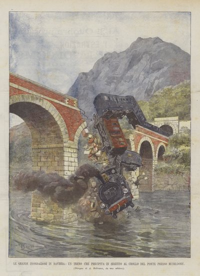 As Grandes Inundações na Baviera, um trem que corre em sucessão ao colapso da ponte em Muihldorf de Achille Beltrame