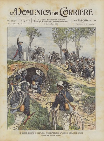 As recentes manobras de campo, um ataque característico de Bersaglieri Ciclisti de Achille Beltrame