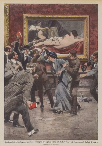 As aberrações da sufragma feminina, sufragte que corta a Vênus com uma faca de Achille Beltrame