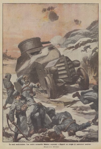 As armas muito modernas, Um dos nossos carros blindados surpreende e dispersa um grupo de exploradores austríacos de Achille Beltrame
