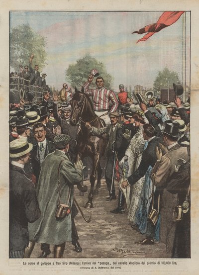 As corridas a galope em San Siro (Milão), a chegada na pesage do cavalo, vencedor do prêmio de 100.000 liras de Achille Beltrame