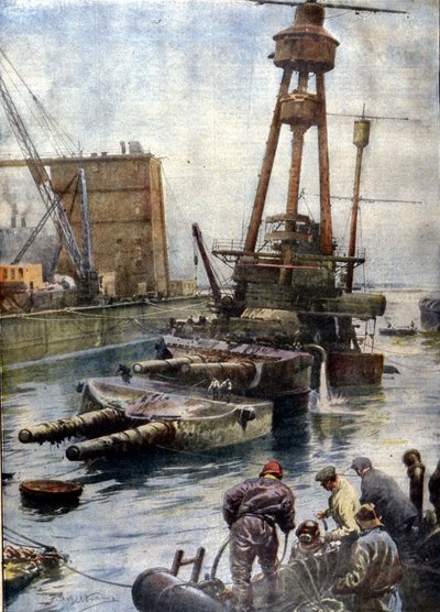 O navio de guerra alemão Hindenburg, afundado no Scapa Flow na Escócia, voltou à superfície graças à frota inglesa após 7 anos passados no fundo dos oceanos. Ilustração de Beltrame. La Domenica del corriere de Achille Beltrame
