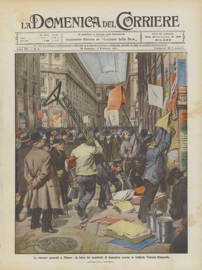 As eleições gerais em Milão, a luta dos cartazes no domingo na Galleria Vittorio Emanuele de Achille Beltrame