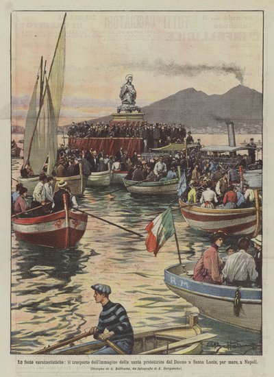 As festas características, o transporte da imagem do santo padroeiro do Duomo para Santa de Achille Beltrame