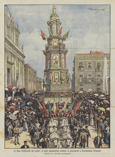 As festas tradicionais do povo, o carro monumental realizado em uma procissão em Casteltermini (Girgenti) de Achille Beltrame