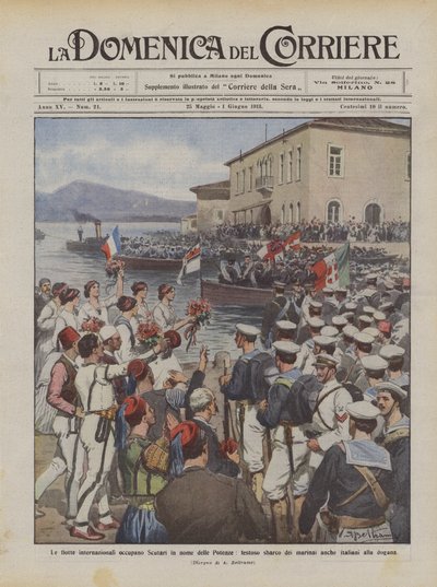 As frotas internacionais ocupam Scutari em nome dos Poderes, uma aterrissagem festiva dos marinheiros também de Achille Beltrame