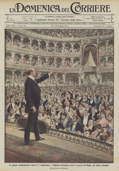 As grandes manifestações contra o Giolittismo, Gabriele d&39;Annunzio fala ao povo de Roma, no teatro Costanzi de Achille Beltrame