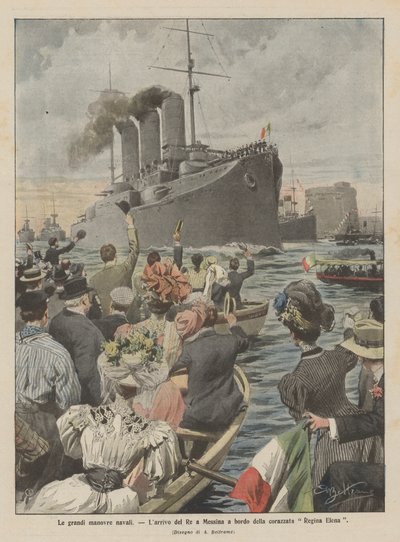 As grandes manobras navais, a chegada do rei em Messina a bordo do encouraçado Regina Elena de Achille Beltrame