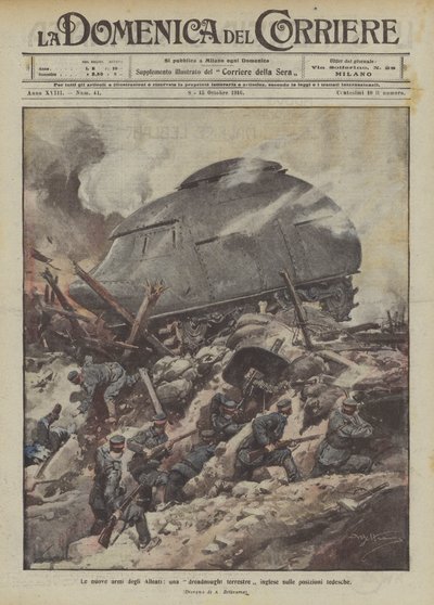 As novas armas dos Aliados, um dreadnought terrestre inglês nas posições alemãs de Achille Beltrame