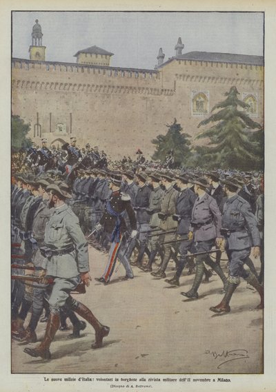 As novas milícias da Itália, voluntárias à paisana na revista militar do novembro II em Milão de Achille Beltrame
