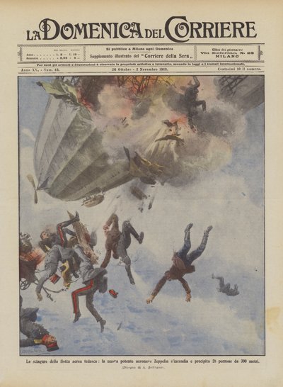 Os desastres da frota aérea alemã, o novo e poderoso dirigível Zeppelin sincendia e cai de Achille Beltrame