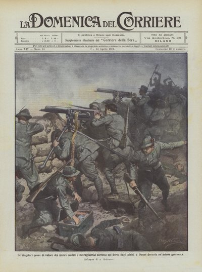 A singular evidência do valor de nossos soldados, metralhadoras apoiadas nas costas pelos Alpini de Achille Beltrame