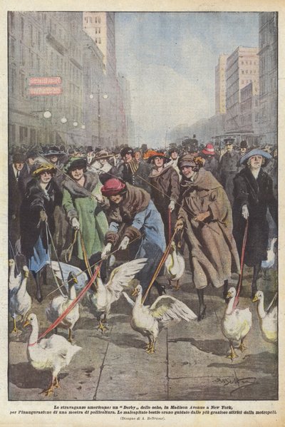As extravagâncias americanas, os gansos Derby, na Madison Avenue, em Nova York, para a inauguração de Achille Beltrame