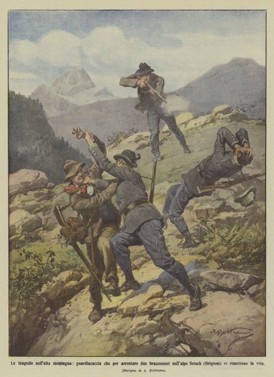 As tragédias na alta montanha, guarda de caça que prender dois caçadores furtivos nos Alpes de Setsch de Achille Beltrame