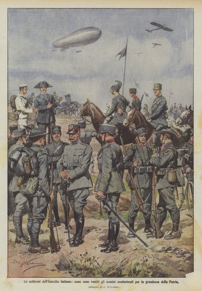 Os uniformes do exército italiano, como os homens que lutam pela grandeza do país estão vestidos de Achille Beltrame