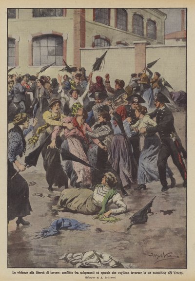 Violência contra a liberdade de trabalho, conflito entre grevistas e trabalhadores que querem trabalhar de Achille Beltrame