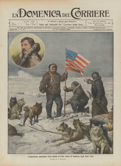 O explorador americano Cozinhe a planta no pólo ártico a bandeira dos Estados Unidos de Achille Beltrame