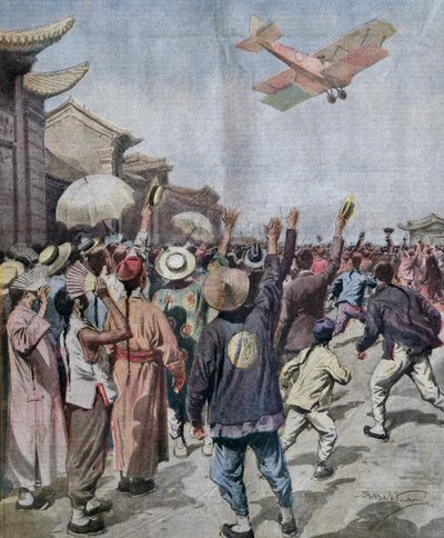 Tenente Arturo Ferrarin, participante do raid Roma-Tóquio, chegando ao céu de Xangai, ilustração de Achille Beltrame de La Domenica del Corriere, 16 de maio de Achille Beltrame