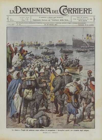 O desembarque em Trípoli do poderoso corpo de ocupação militar, o Bersaglieri saudou com simpatia pelos nativos de Achille Beltrame