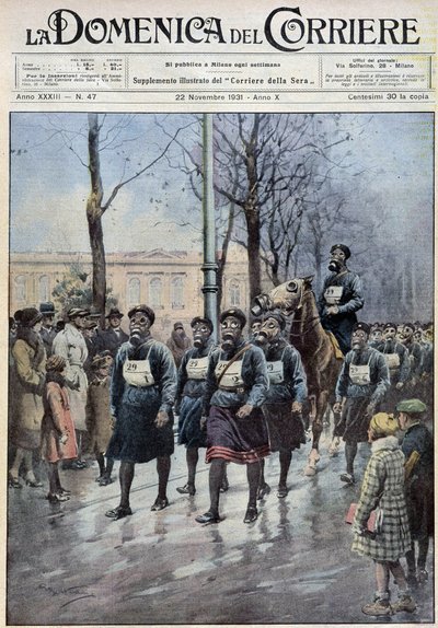 Marcha organizada em Varsóvia para exercitar a população no uso de máscaras de gás - desenho de A. Beltrame, em "la Domenica del Corriere" de 22/11/1931 de Achille Beltrame