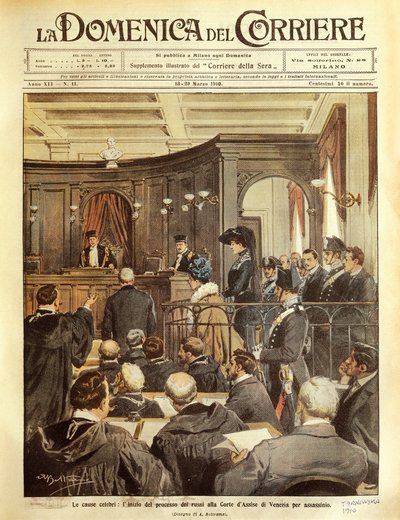 Maria Tarnowska em julgamento em Veneza, por Achille Beltrame, ilustração, Ilustrador Achille Beltrame (1871-1945), de La Domenica del Corrier de Achille Beltrame