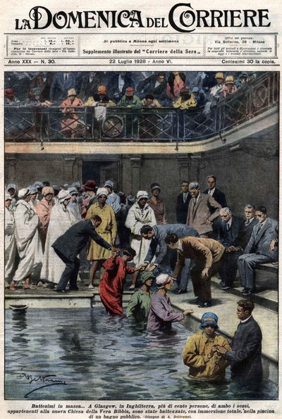 Batismos em massa: Em Glasgow, Escócia, mais de cem pessoas, membros da nova Igreja Bíblica Verdadeira, foram baptizados na piscina municipal. Ilustração de Beltrame. La Domenica del Corriere. 22/07/1928. de Achille Beltrame