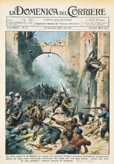 Melee nas ruas de Madrid durante a Guerra Civil Espanhola, Achille Beltrame (1871-1945), de La Domenica del Corriere, 22 de Novembro de Achille Beltrame