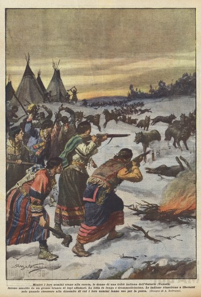 Enquanto seus homens estavam caçando, havia mulheres de uma tribo indígena de Ontário (Canadá) de Achille Beltrame
