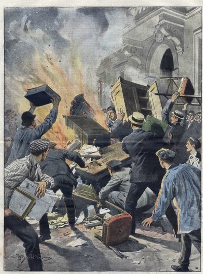Crise do vinho Midi em 1907: viticultores ateiam fogo à Câmara Municipal de Beziers (Herault). Ilustração de Achille Beltrame, de 1907. de Achille Beltrame