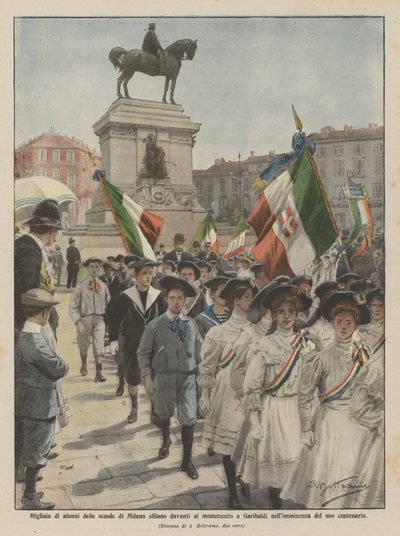 Milhares de estudantes das escolas de Milão desfilam em frente ao monumento a Garibaldi na iminência de Achille Beltrame