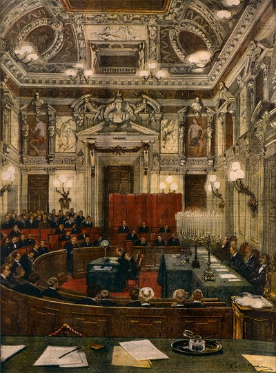 Novo Conselho Municipal de Milão em sessão, por Achille Beltrame (1871-1945), de La Domenica del Corriere de Achille Beltrame